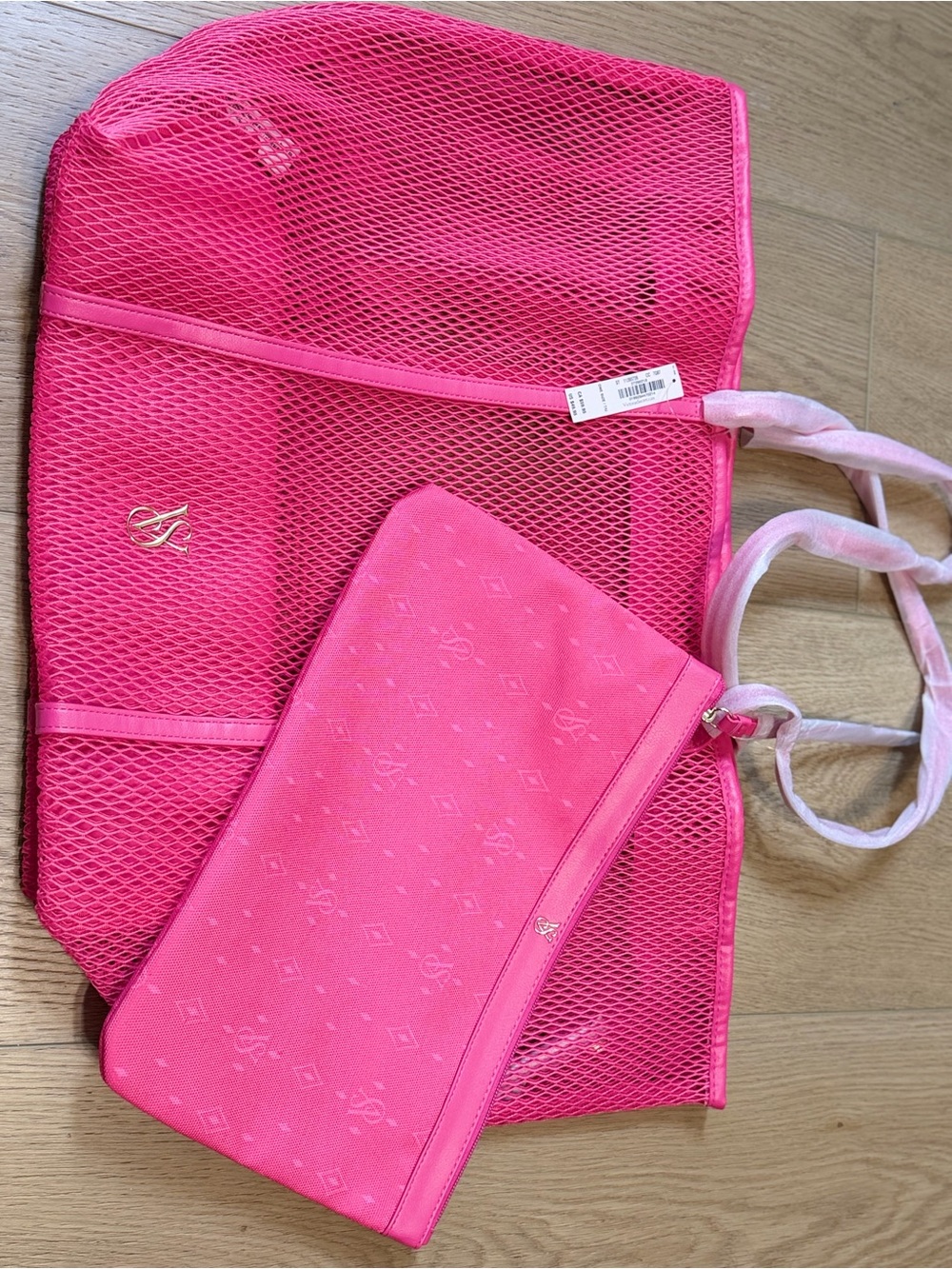 Victoria's Secret Bright Pink Mesh Tote with Matching Pouch - Picture 2 of 5